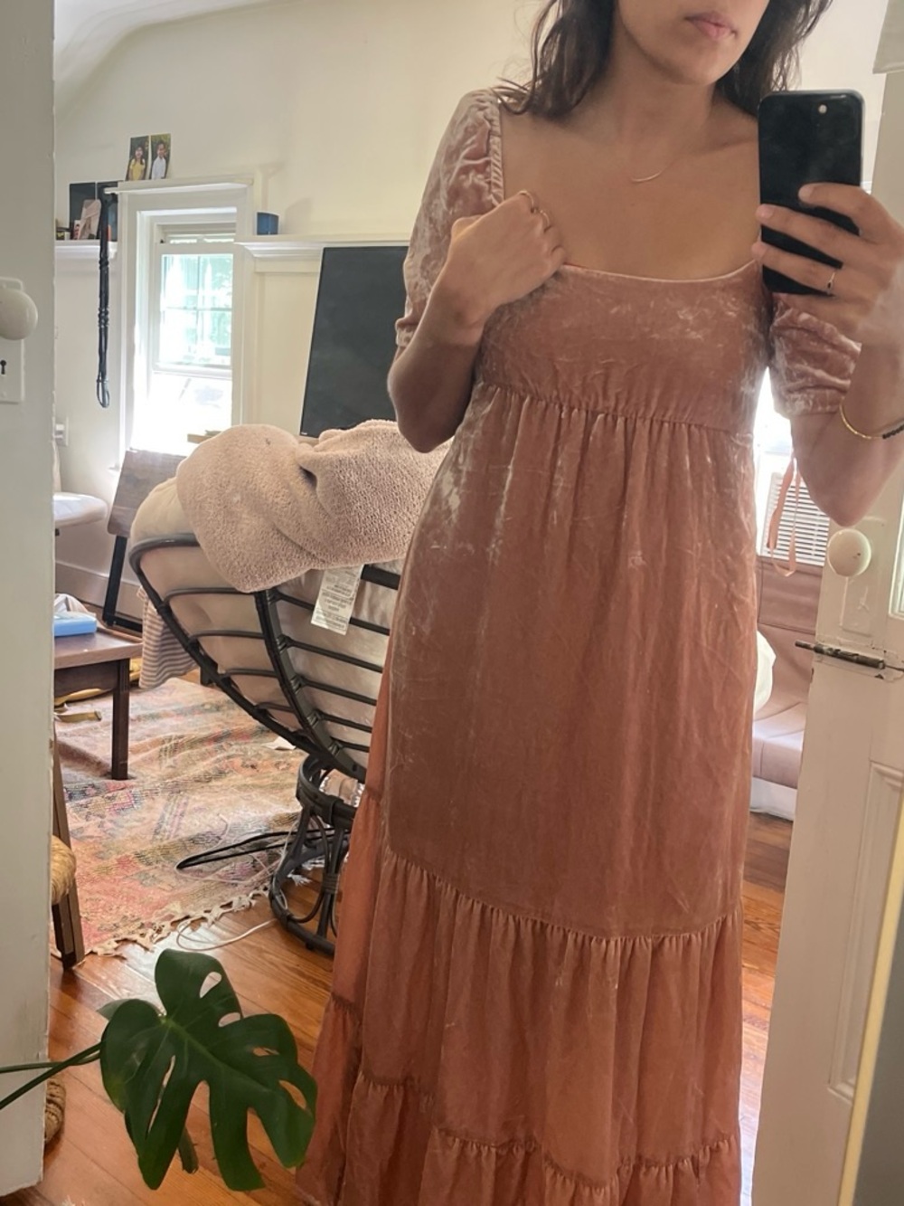 Anthropologie Velvet Tiered Midi Dress in Dusty Rose